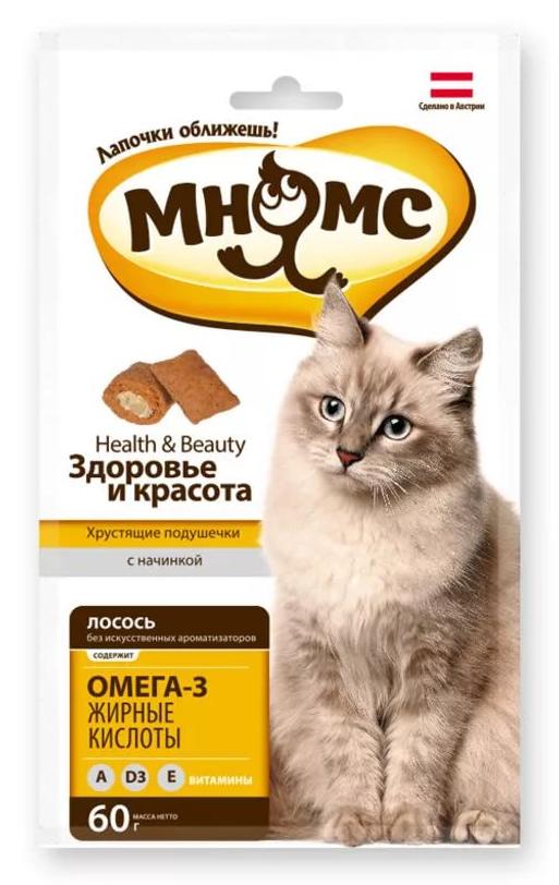 Мнямс Здоровье и красота Хрустящие подушечки для кошки лосось 60г