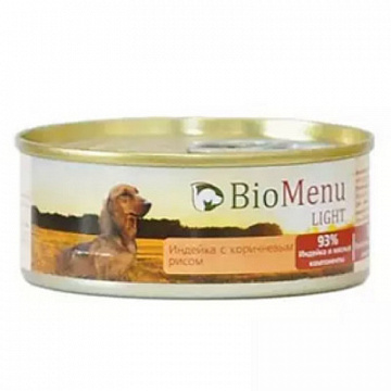 BioMenu LIGHT 93%-МЯСО ж/б Консервы для собак Индейка с коричневым рисом 100гр