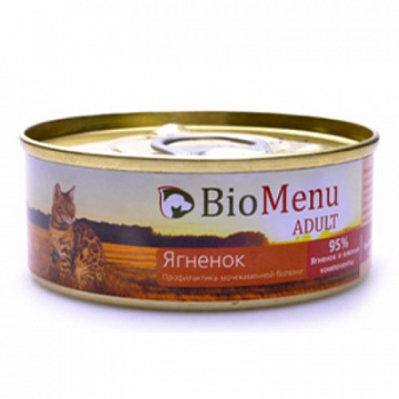 BioMenu ADULT 95%-МЯСО ж/б Консервы для кошек мясной паштет с Ягнёнком 100г